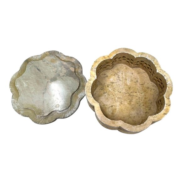 Vintage Soapstone Jewelry Trinket Ring Box Reticulated 3" Inlay Floral Pattern - Picture 7 of 11